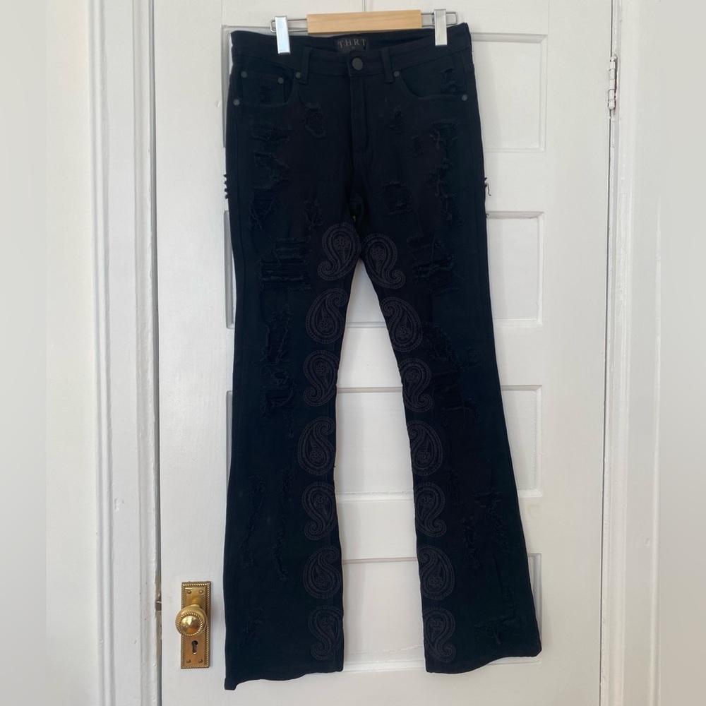 THRT streetwear black distressed embroidered denim jeans